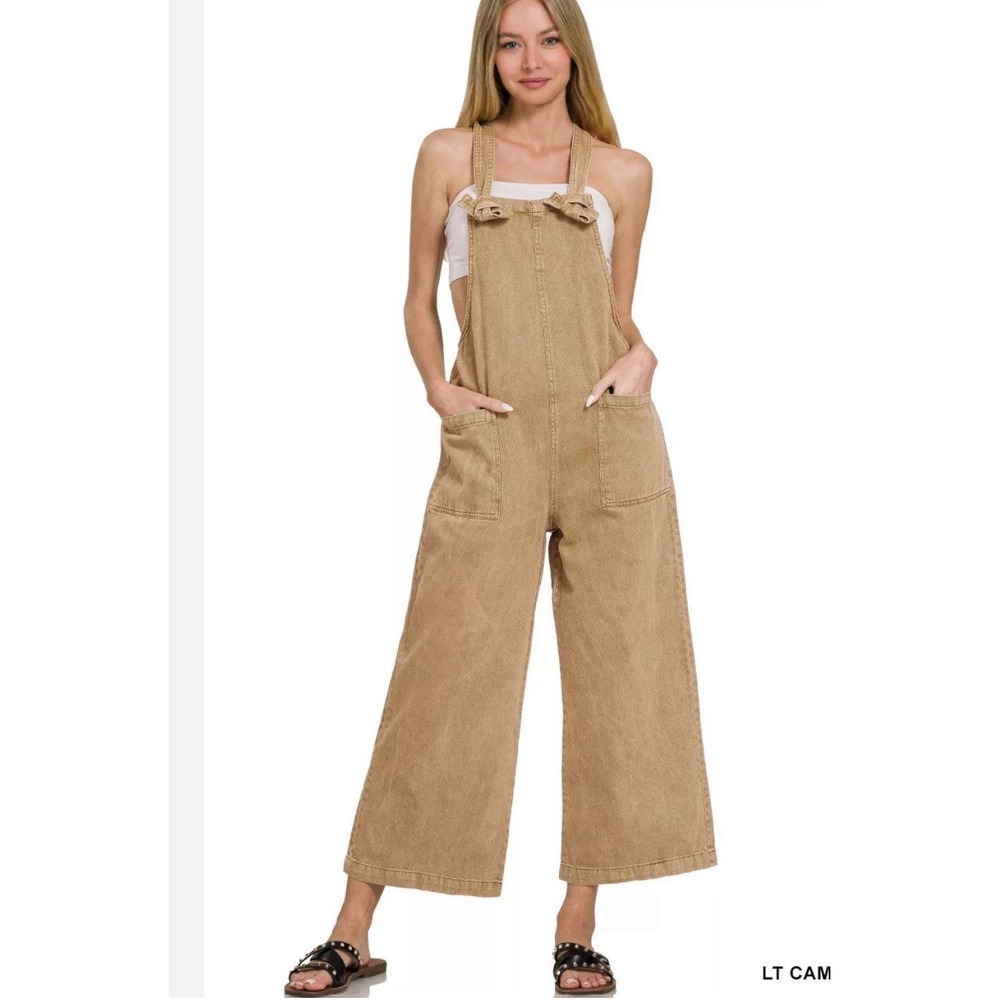 Zenana Niccola Knot Strap Overalls Women's Size Large Camel Tan Wide Leg